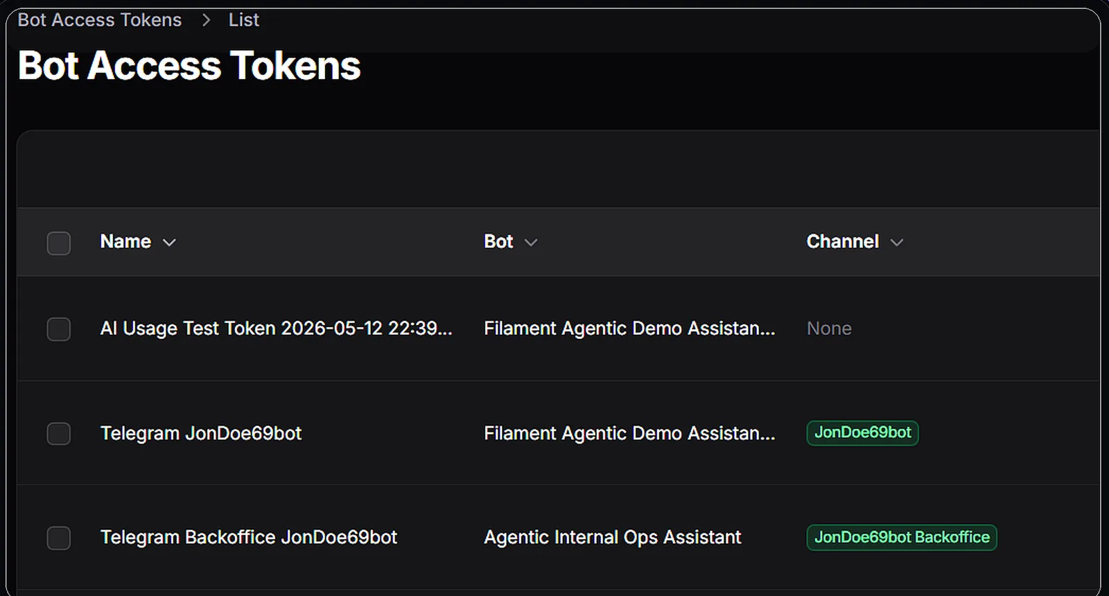 Bot access token editor showing scope, budget, and rotate controls