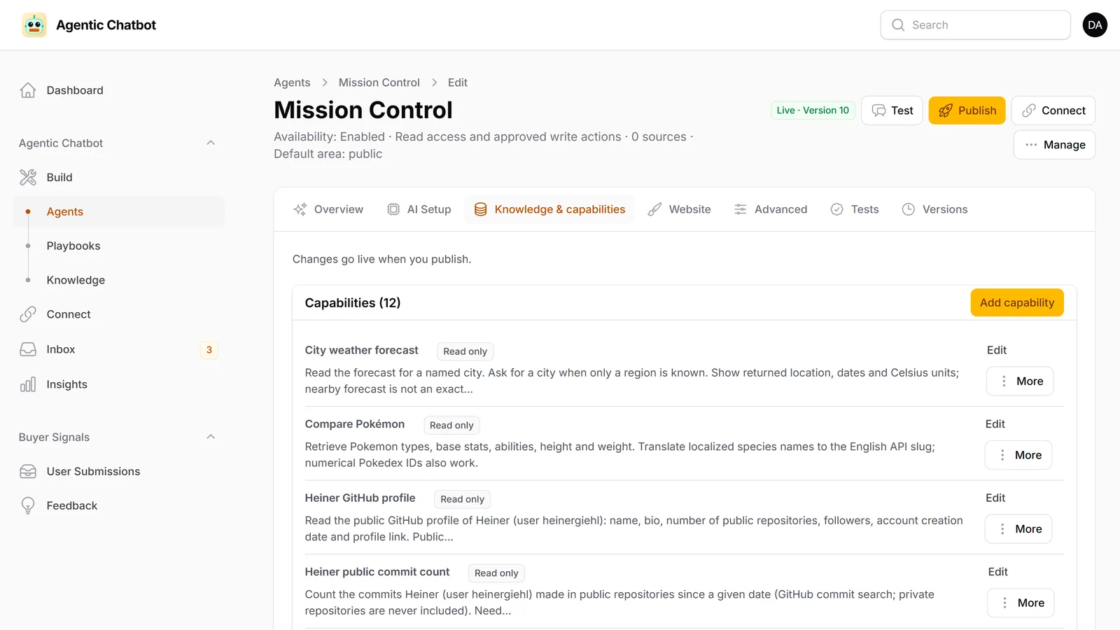 The Mission Control Agent in the Filament panel: live version 10 with read-only capabilities for a weather forecast, Pokémon data and a GitHub profile