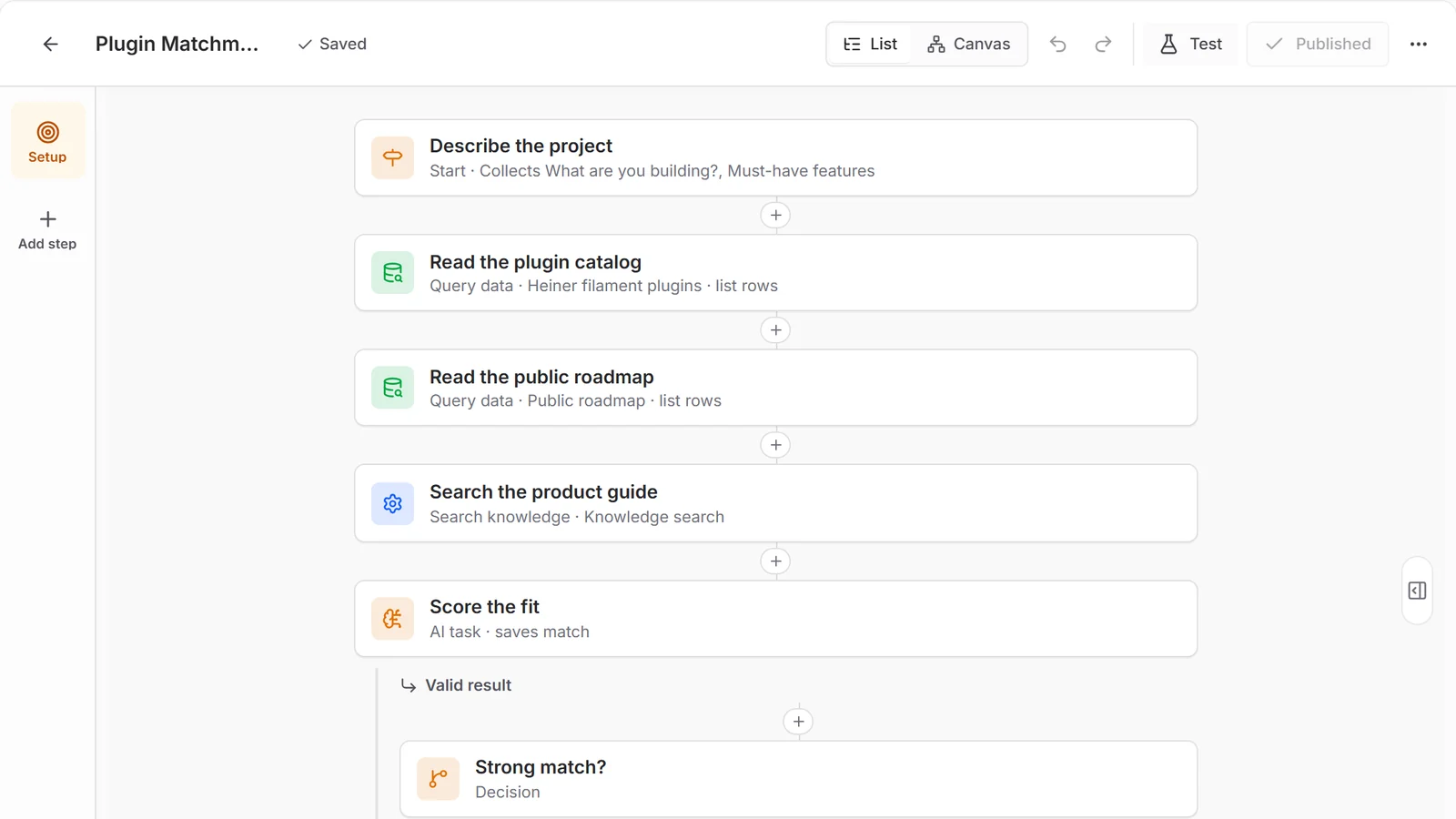 The Plugin Matchmaker Playbook in the step-list editor: describe the project, read the plugin catalog and public roadmap, search the product guide, score the fit with AI and branch on a strong match