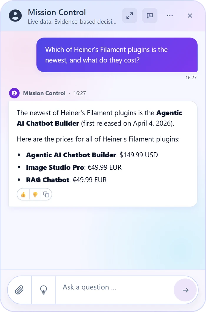 The Mission Control chat widget answering which Filament plugin is the newest and listing the plugin prices from the demo database