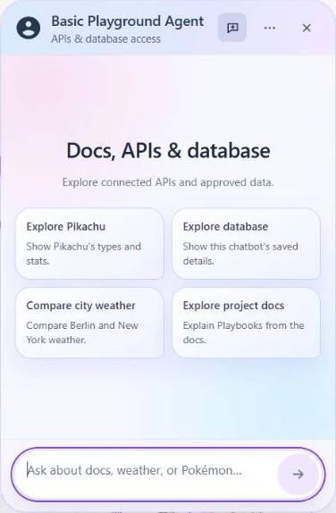 Basic Playground Agent widget, with a welcome screen for documentation, APIs and approved data